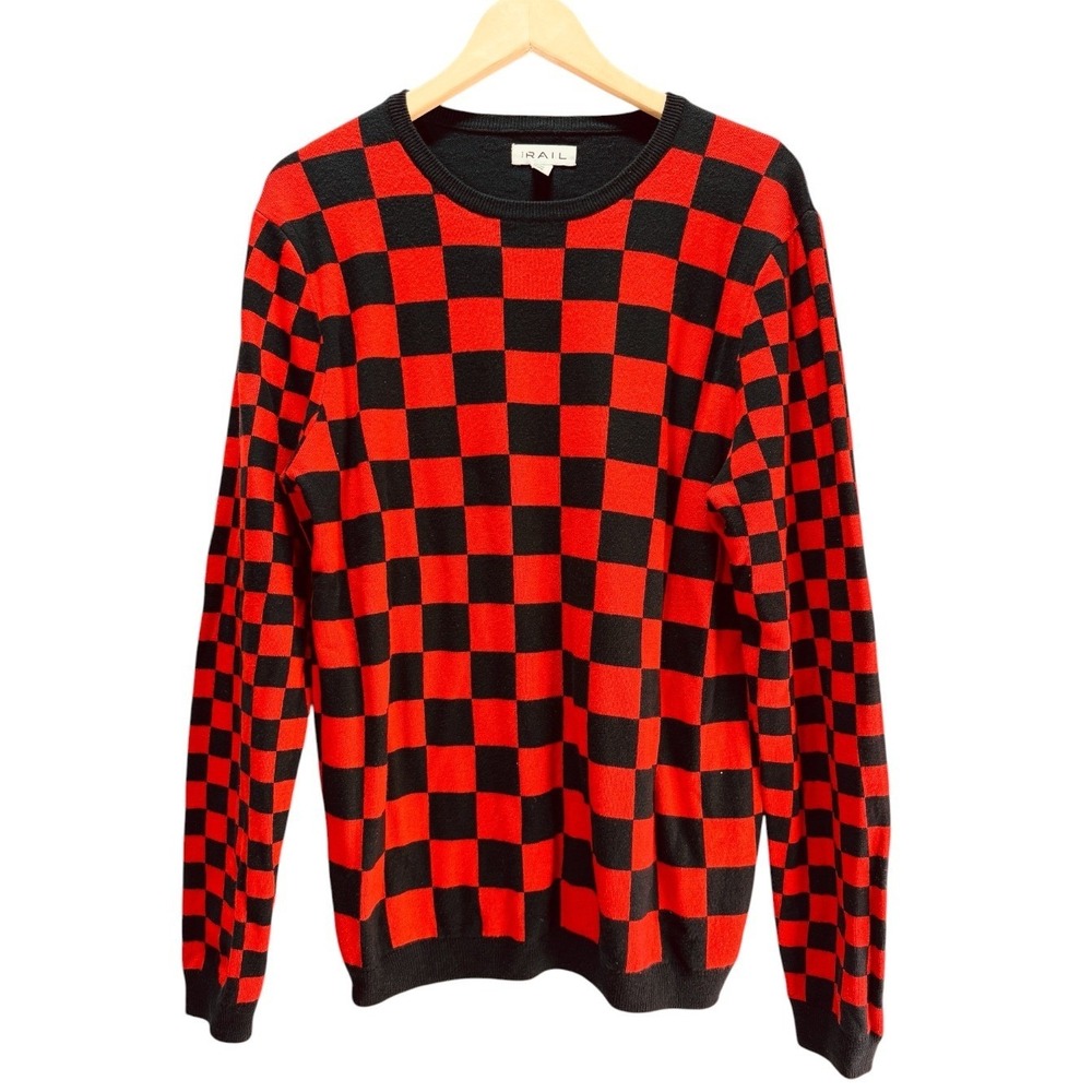 The Rail Checkerboard Sweater Mens L Red Black Punk Grunge Knit Crewneck Top